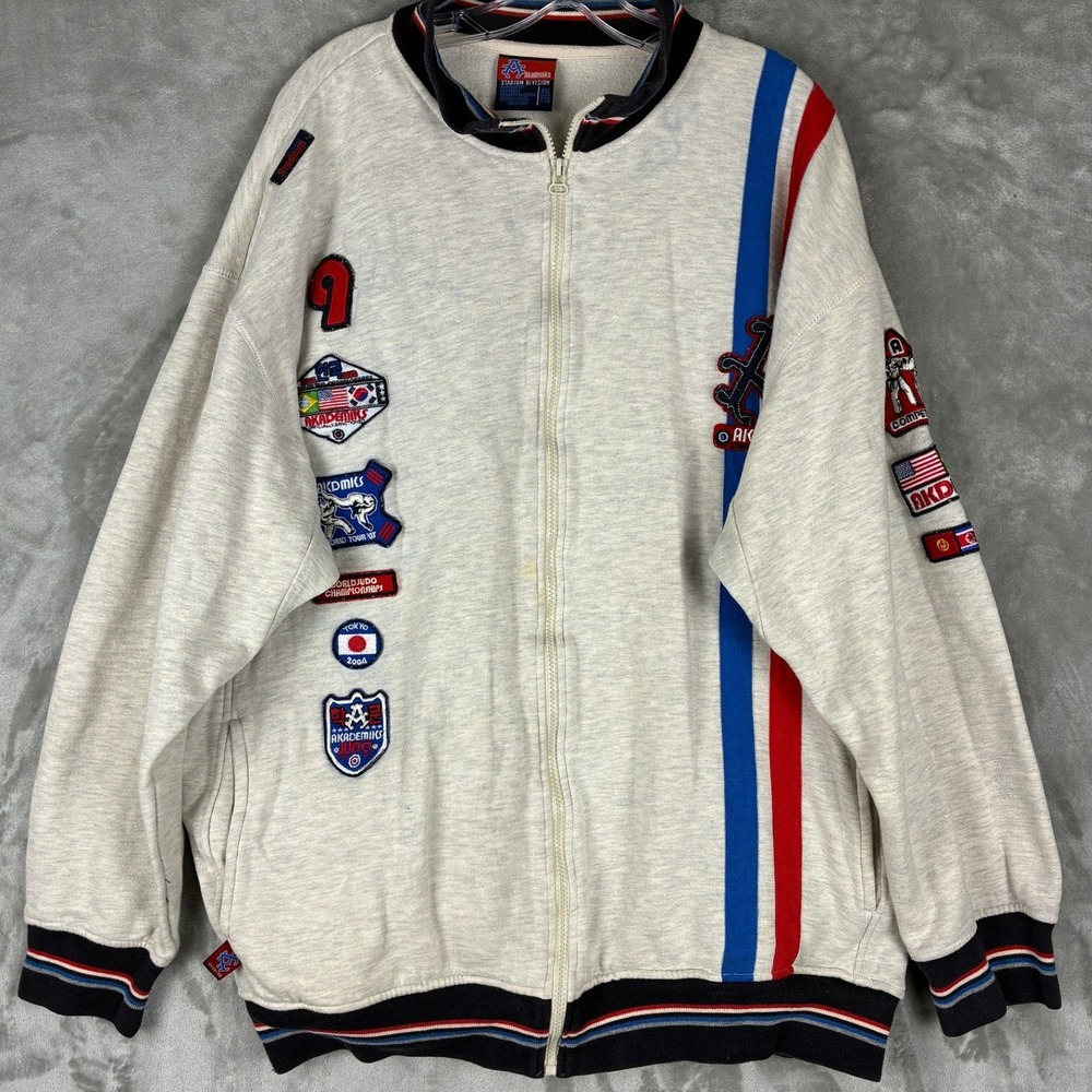 Akademiks Stadium Division Mens XXL Grey Judo Patch Zip Up Track Jacket Y2K